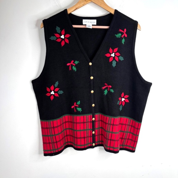 VTG Christmas Sweater Vest 1X Croft & Barrow Embroidered Floral Poinsettia Plaid - Picture 8 of 8
